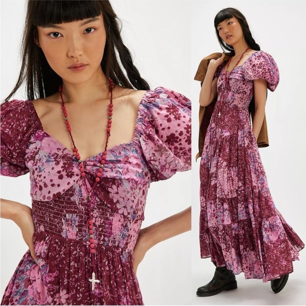 Free People Sundrenched Short Sleeve Maxi Dress Femme Rose Pink Floral Med NWT